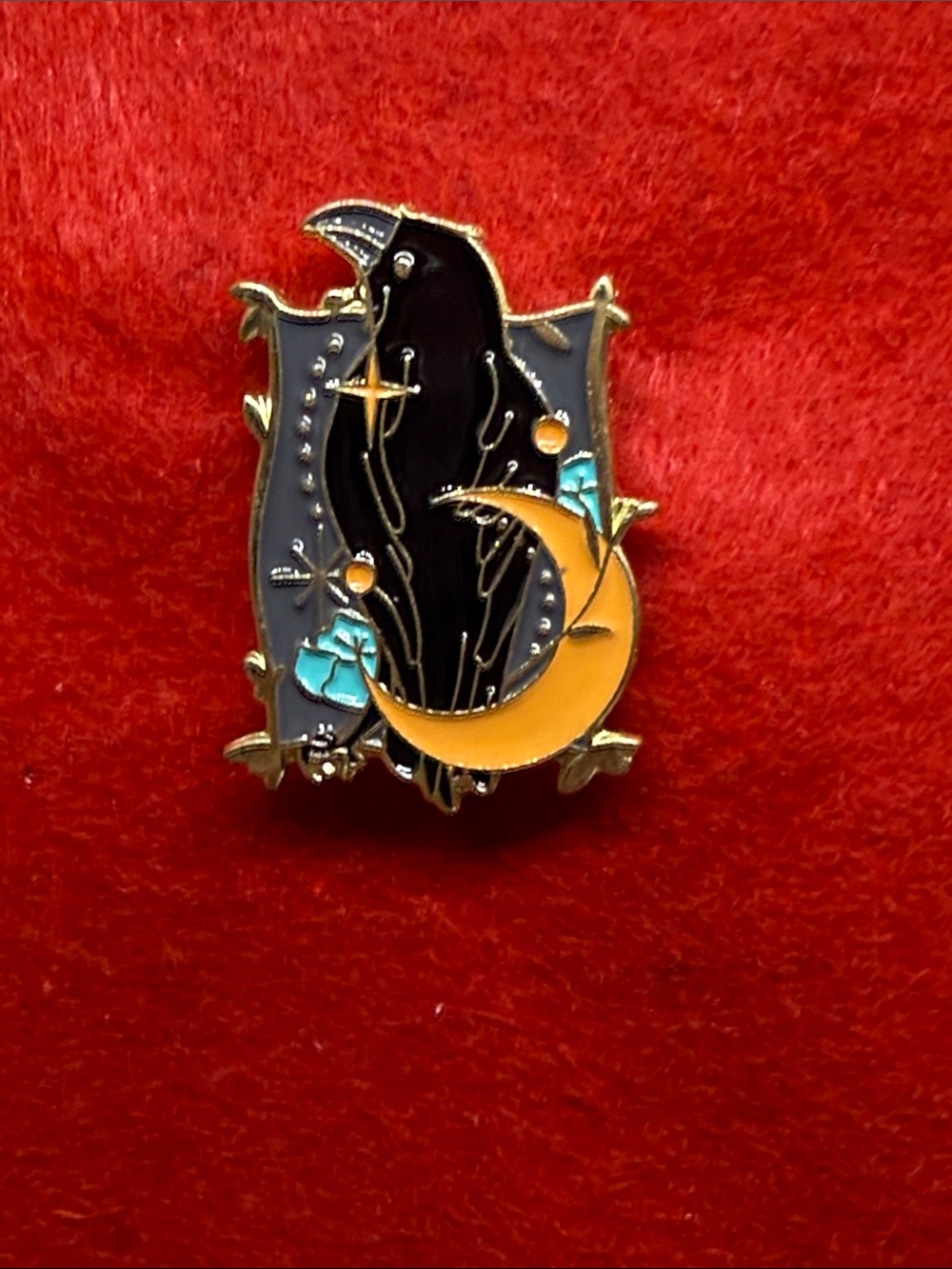 Contemporaty Raven and Crescent Moon Enameled Brooch